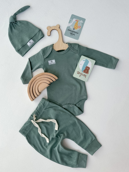 Комплект 3 предмета (боди, штанишки, шапочка) «Silver kids” (62, светлый хаки)